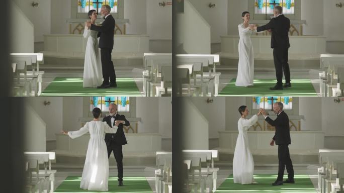 中年新娘和新郎在教堂跳第一支舞