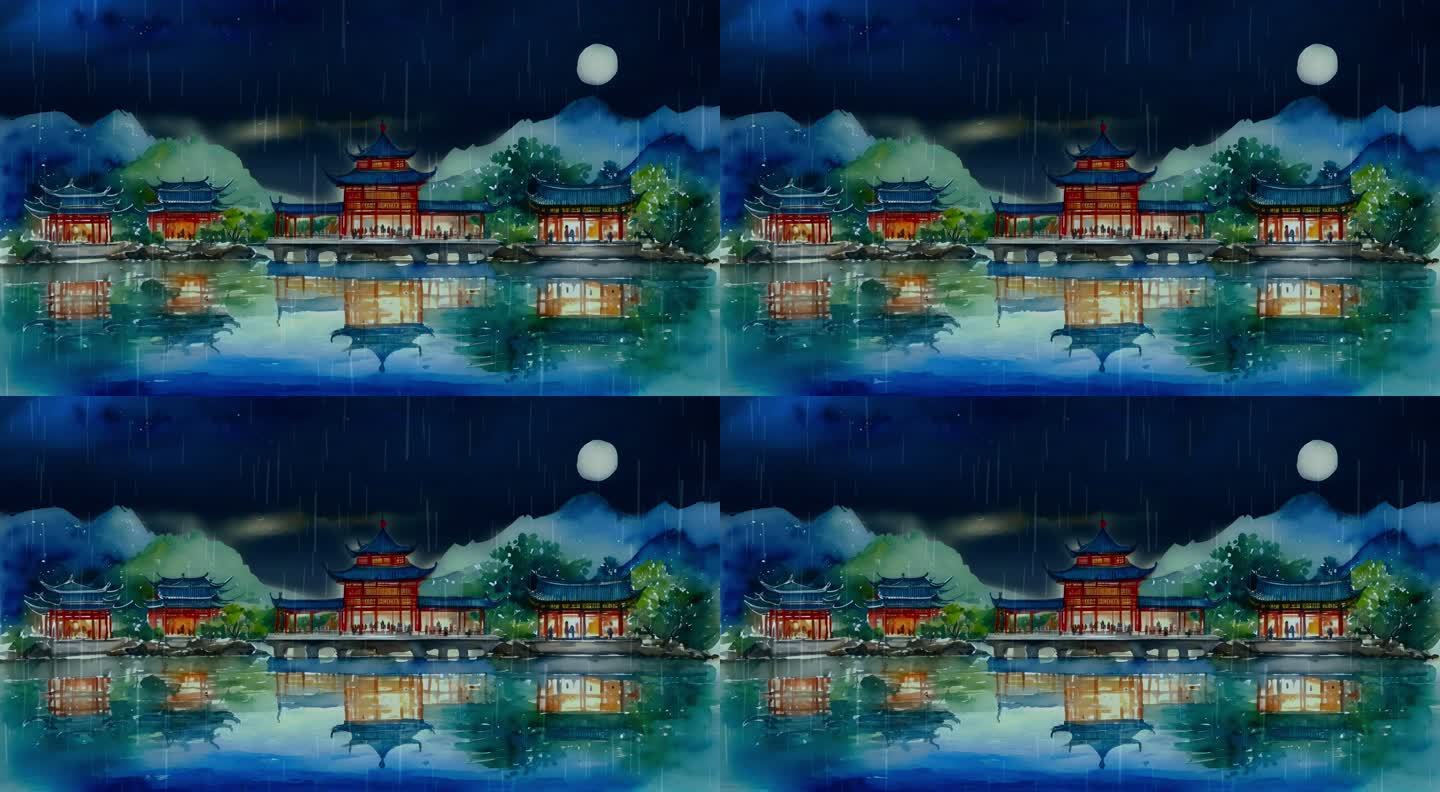 中式建筑夜景水中倒影雪景2