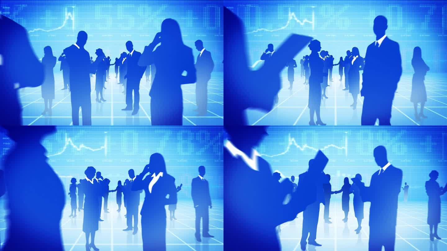 一群商人。商人和女商人握手的剪影。蓝色背景的金融图表