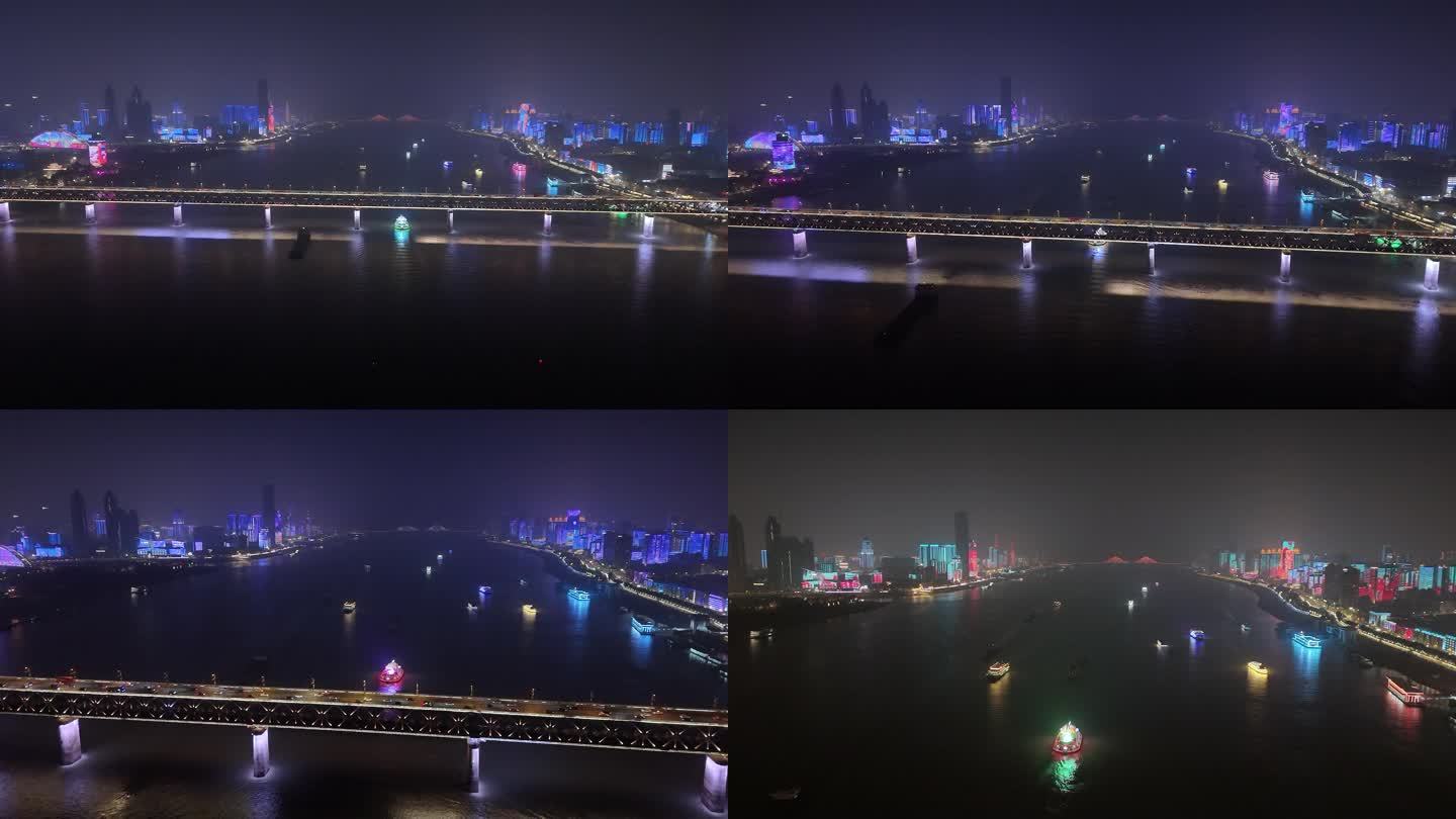 4K航拍武汉长江大桥两岸城市夜景1