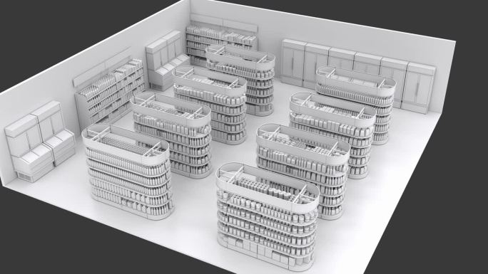 销售地板上，一排排的货架上摆放着空白的产品，孤立在黑色上