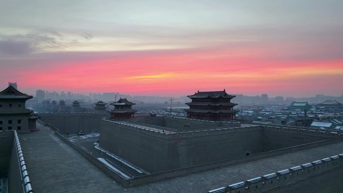 大同武定门北城墙清晨朝霞风光航拍