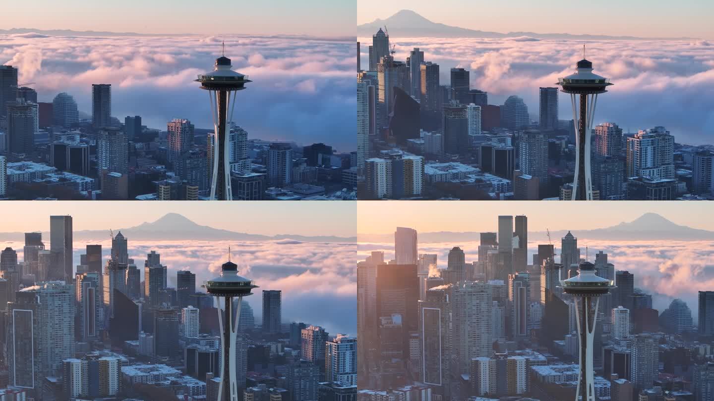 西雅图日出与晨雾