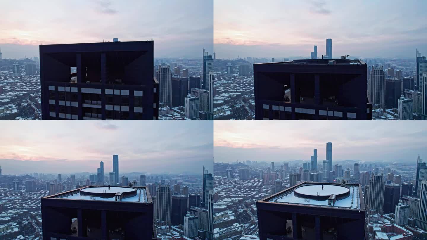 航拍4K 大连城市雪后楼顶眺望仰望全景
