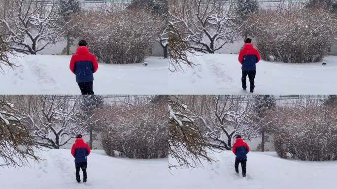 男人在大雪中奔跑行走北京下雪