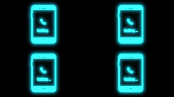 霓虹灯发光的智能手机呼叫图标在黑色背景上动画。