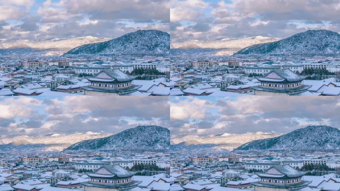 积雪的屋顶景观延时云南香格里拉独克宗古城