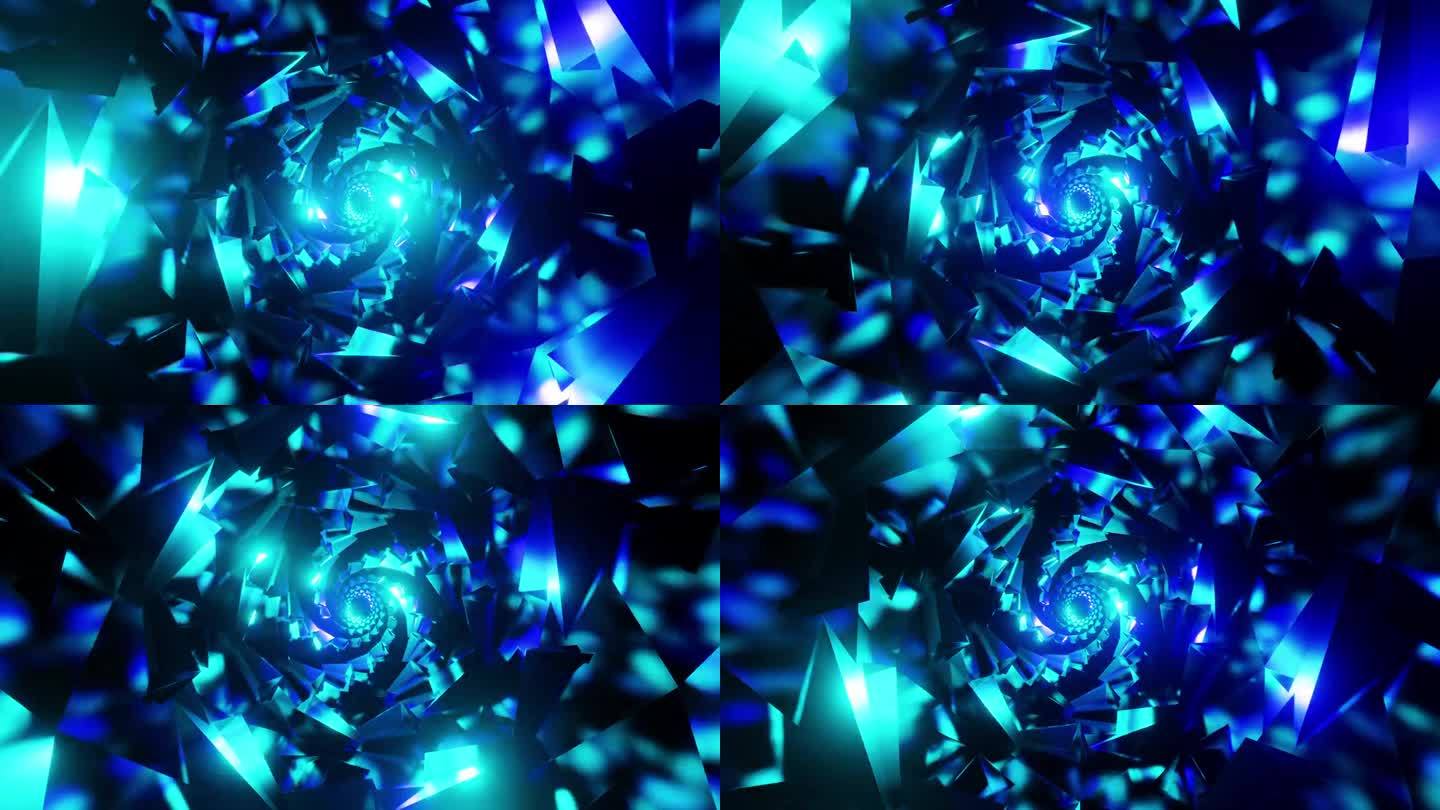 螺旋蓝色几何漩涡与闪亮的高光3d渲染。旅行通过时间漩涡vj循环，dj舞蹈舞台背景迪斯科俱乐部，餐厅，