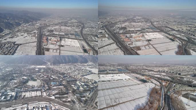 航拍太原晋源区晋祠公园稻田公园大雪雪景