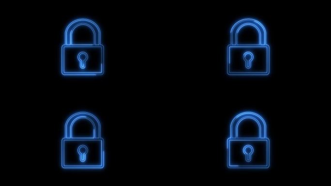霓虹蓝色挂锁图标动画在一个黑色的背景。象征着网络安全和数字隐私。