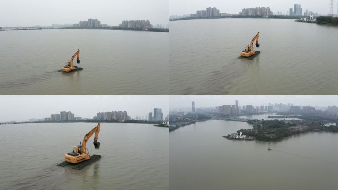 水上挖机在武汉东西湖区金银湖上作业
