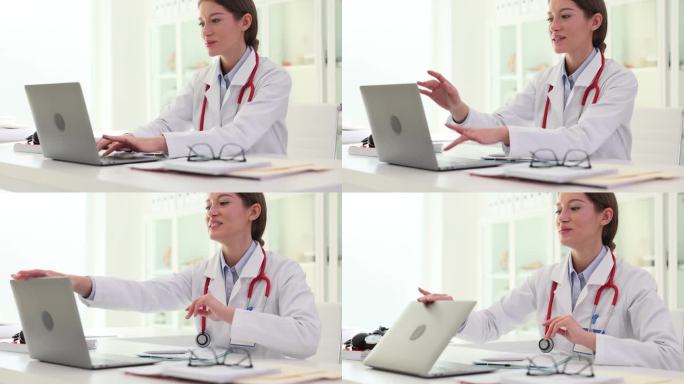 女医生、治疗师或护士在笔记本电脑上工作，然后关上电脑