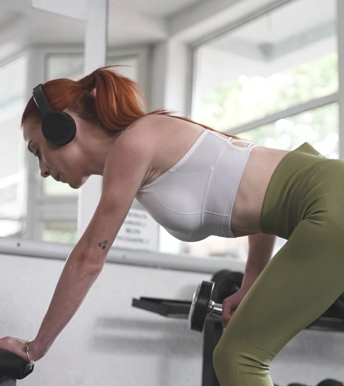 女运动员在健身房用哑铃锻炼肱三头肌