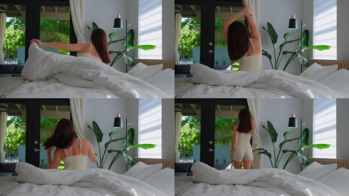 女人在阳光明媚的早晨慢慢醒来，伸个懒腰，从床上爬起来，走到窗前