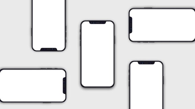 品牌标识，UI设计演示和手机模型。一组智能手机的设计平面，白底白屏。