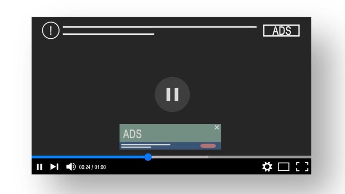 视频播放器广告界面。多媒体表演者在视频屏幕上展示广告横幅的说明性动画。