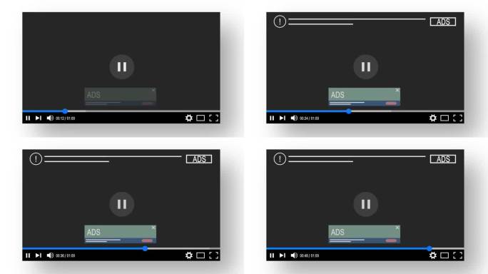 视频播放器广告界面。多媒体表演者在视频屏幕上展示广告横幅的说明性动画。