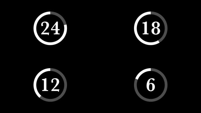 30秒复古和经典的白色倒计时定时器与圆在黑色背景