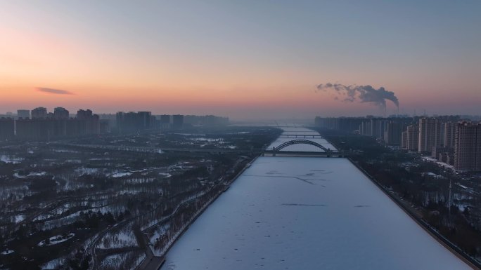 大同御河清晨朝霞火烧云城市风光航拍