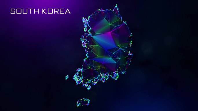 未来的甜蜜运动揭示韩国地图多边形蓝紫色彩色连接线点和面线框网络与朦胧的散景文字