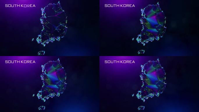 未来的甜蜜运动揭示韩国地图多边形蓝紫色彩色连接线点和面线框网络与朦胧的散景文字