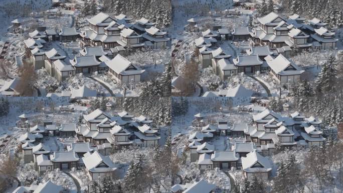 航拍威海市环翠区华夏城景区夏园冬季雪景