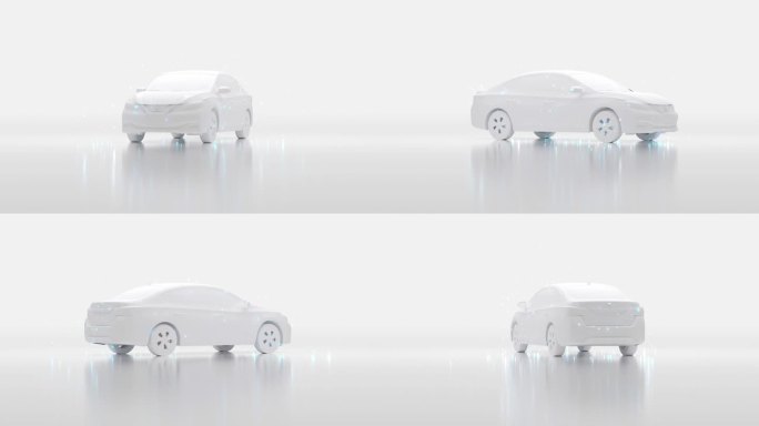 3D渲染抽象艺术与超现实主义的极简主义白色3D汽车模型在旋转过程中，小球或气泡粒子周围发射发光的霓虹