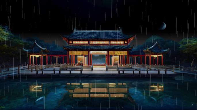 中式建筑夜景水中倒影类雷电天气