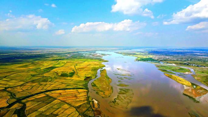 航拍河流-黄河农业灌溉-河流田野