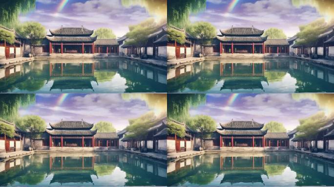 中式建筑夜景 彩虹天气