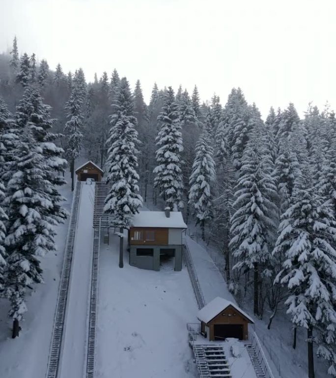 滑雪飞山在山上的冬季森林，空中，波兰