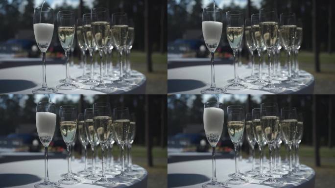 用玻璃杯装香槟。服务员把香槟酒倒进杯子里。特写镜头。玻璃杯里的起泡酒。