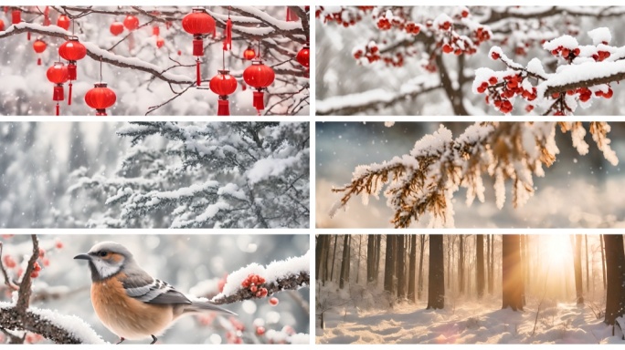 唯美雪景 春节 气氛 空镜 喜鹊 红灯笼