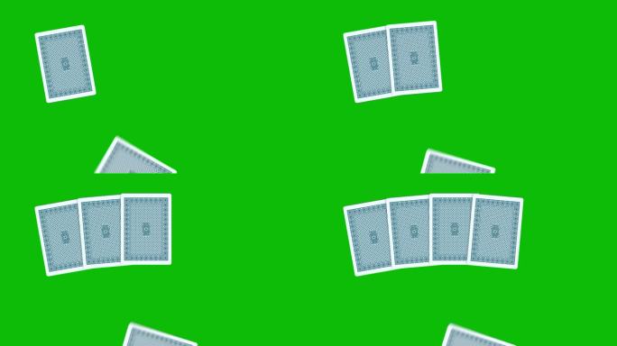 一款扑克手蓝色背面，带牌一张一张扔在绿色屏幕上的3D动画，扑克出牌动画，发牌扑克动画。