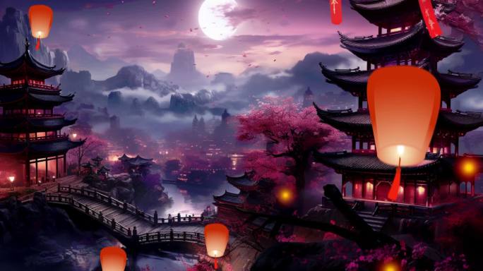孔明灯元宵节中国古代水墨山水明月宫殿夜景