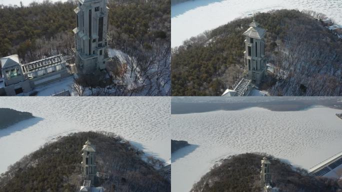 4K原素材-航拍雪后净月潭钟楼