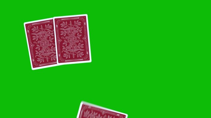 有扑克手红色的背面，在绿色的屏幕上用扑克牌一张一张扔出的3D动画，扑克出牌动画，发牌扑克动画。