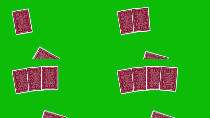 有扑克手红色的背面，在绿色的屏幕上用扑克牌一张一张扔出的3D动画，扑克出牌动画，发牌扑克动画。