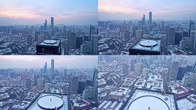 航拍4K 大连城市雪后楼顶眺望俯冲全景