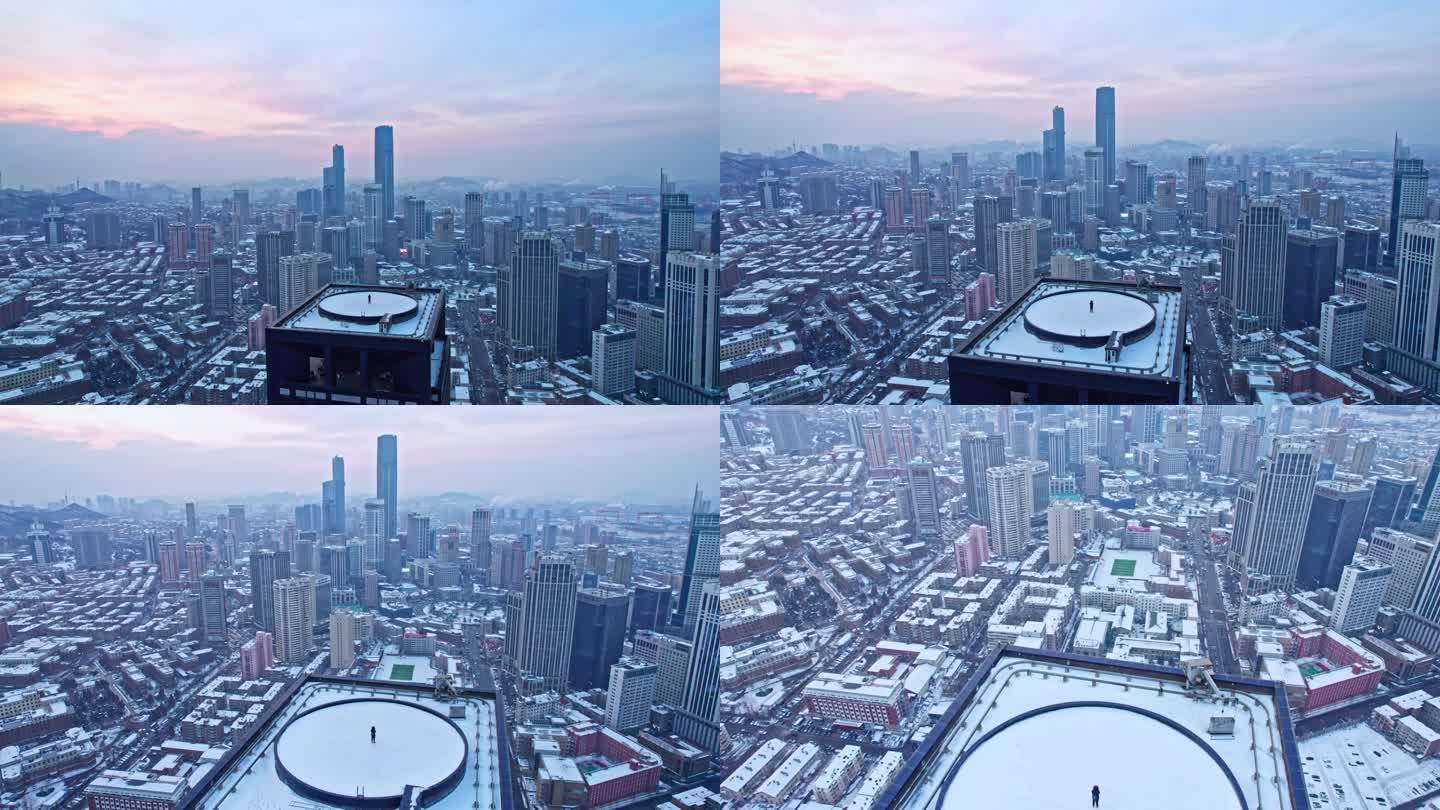 航拍4K 大连城市雪后楼顶眺望俯冲全景