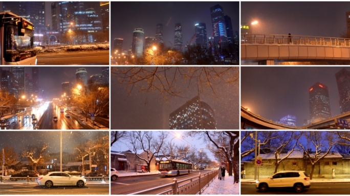 城市下雪夜景车辆行人 大雪纷飞寒冷的夜晚