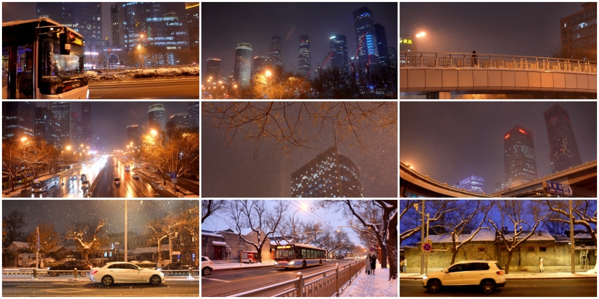 城市下雪夜景车辆行人 大雪纷飞寒冷的夜晚