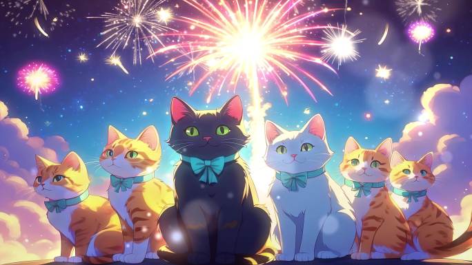 4K卡通动漫烟花庆祝可爱小猫童话背景
