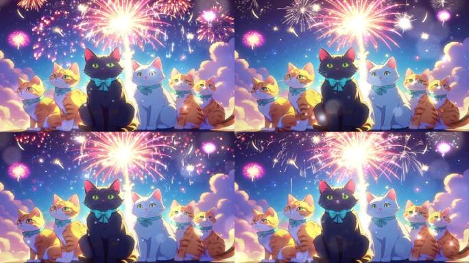 4K卡通动漫烟花庆祝可爱小猫童话背景