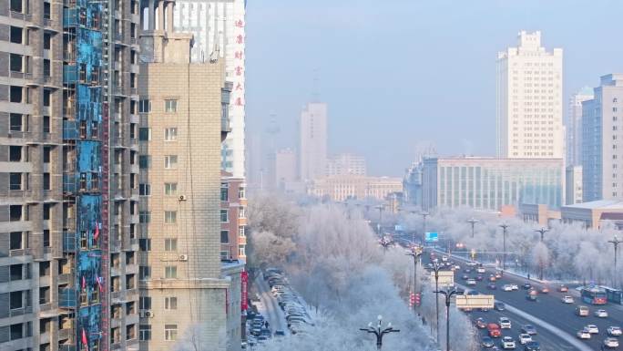 中国黑龙江哈尔滨城区雾凇雪景航拍合集