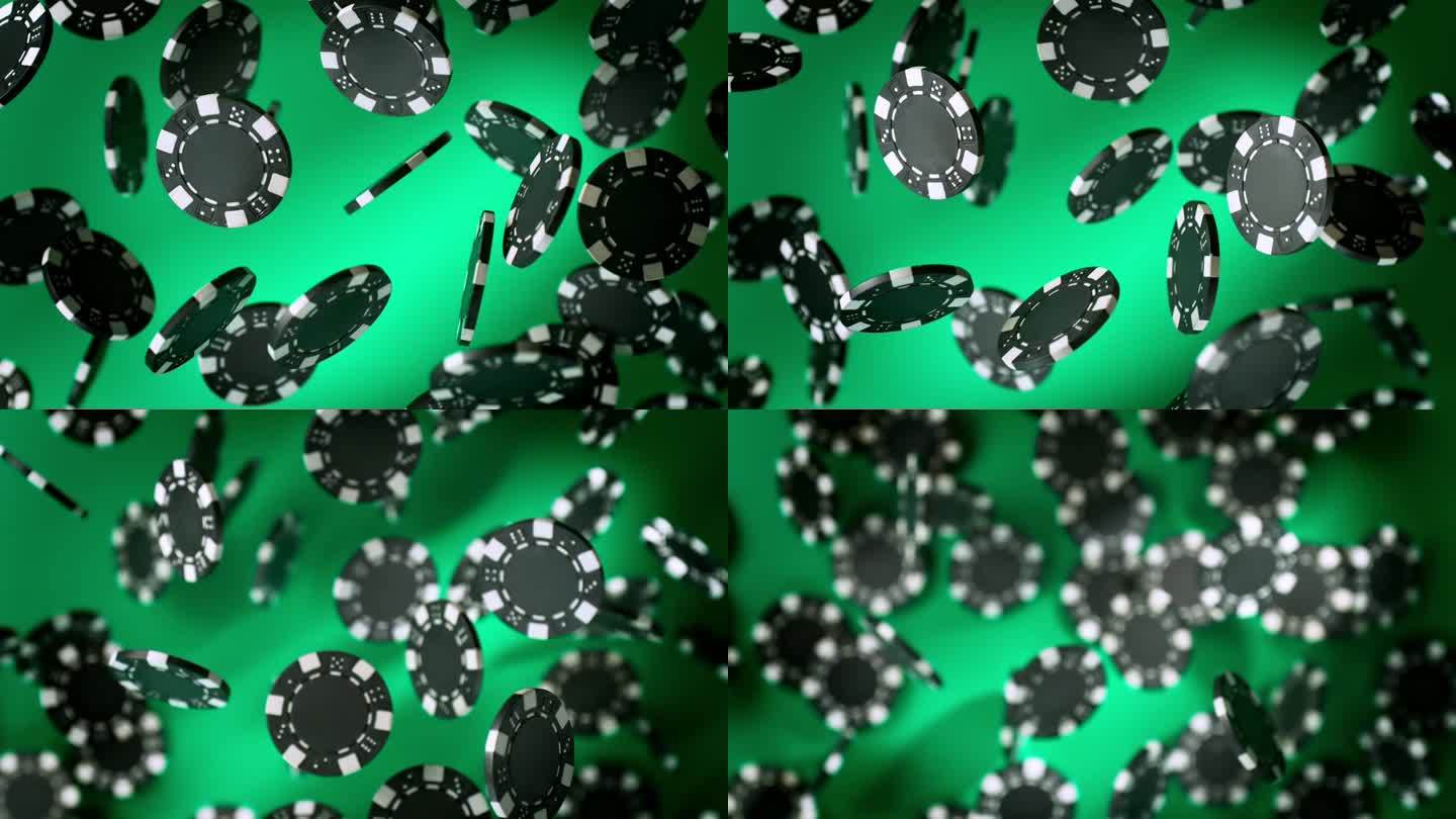 赌场筹码爆炸的超级慢动作镜头，在绿色背景下，1000帧/秒。