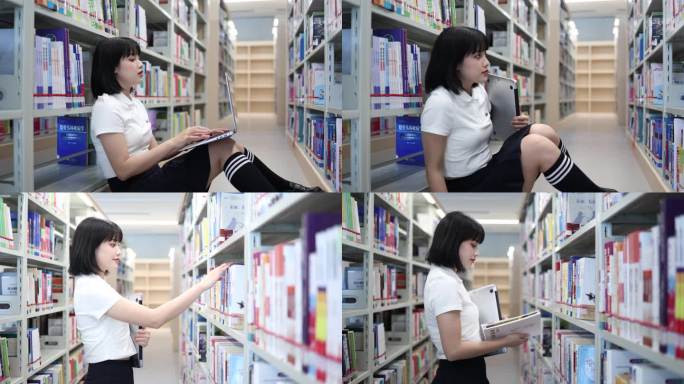 4k图书馆看书女大学生学习阅读读书写作业