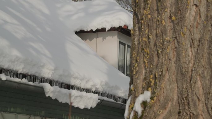 冬天屋顶上被雪覆盖的天窗