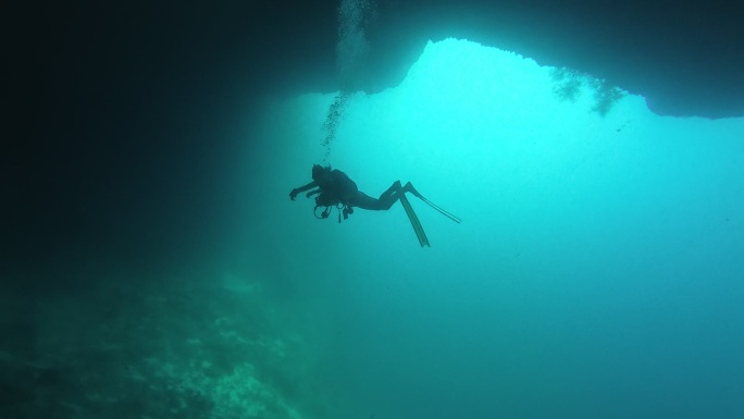 潜水员在海底洞穴中 4K