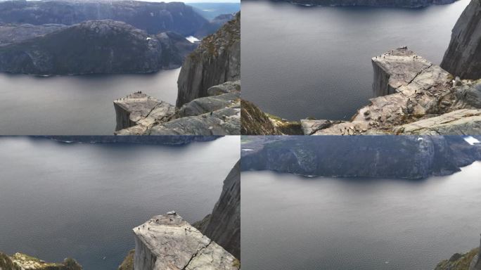 令人印象深刻的无人机视频鸟瞰图在挪威布道石从岩石到峡湾